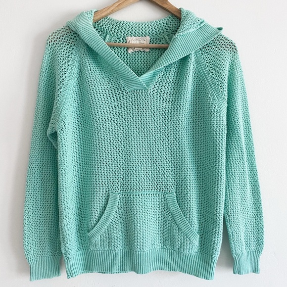 Turquoise Open-Knit Crochet Hoodie by Shirt 469, Size Medium, Linen Cotton Blend - Picture 1 of 11